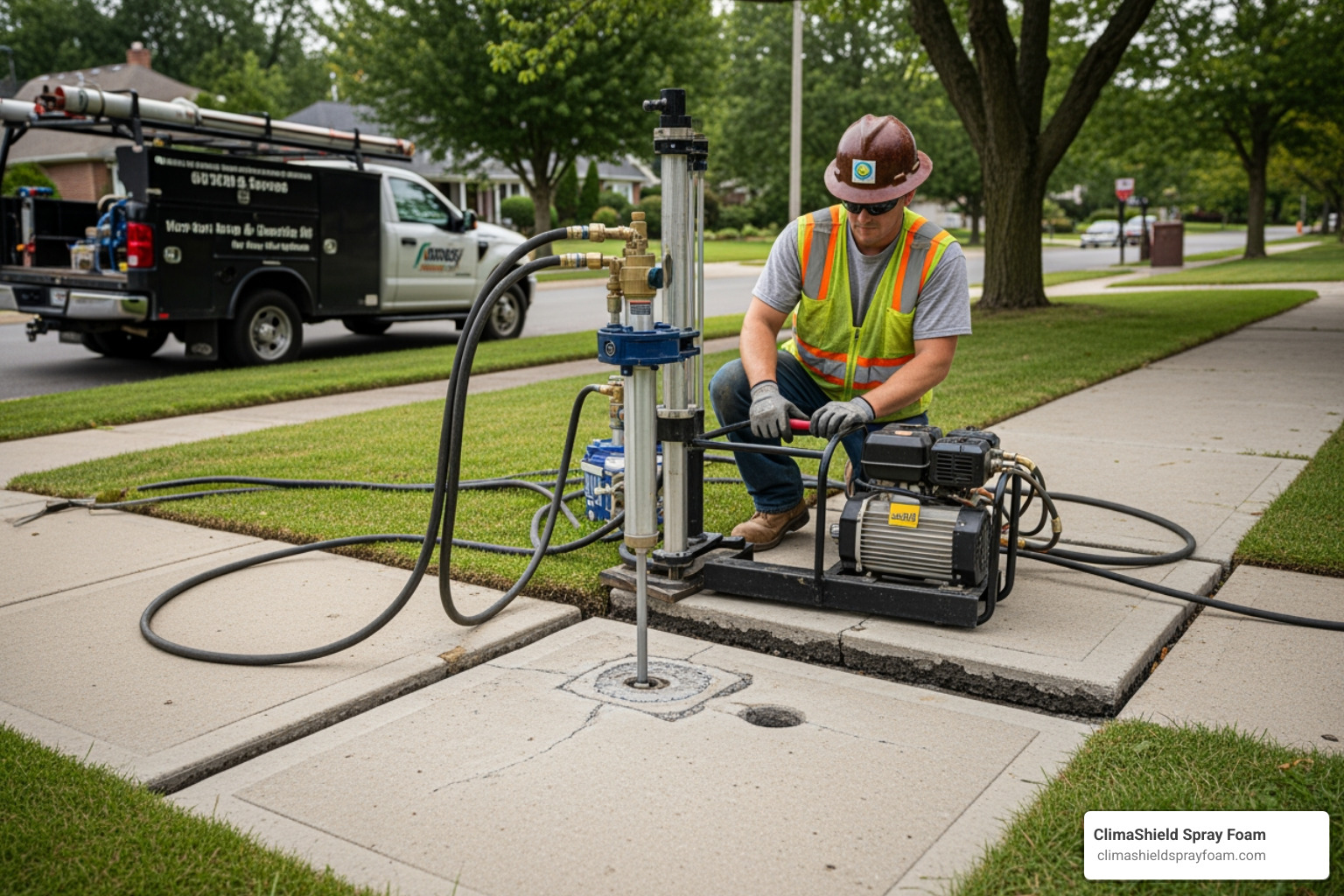 of a professional lifting a sunken sidewalk panel - concrete pad lifting