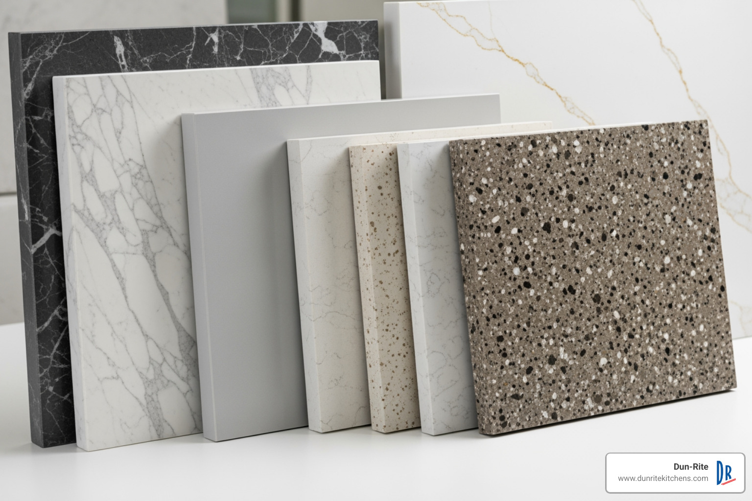 Image of various quartz slab samples showing different colors and patterns - Quartz countertop costs Image of various quartz slab samples showing different colors and patterns - Quartz countertop costs
