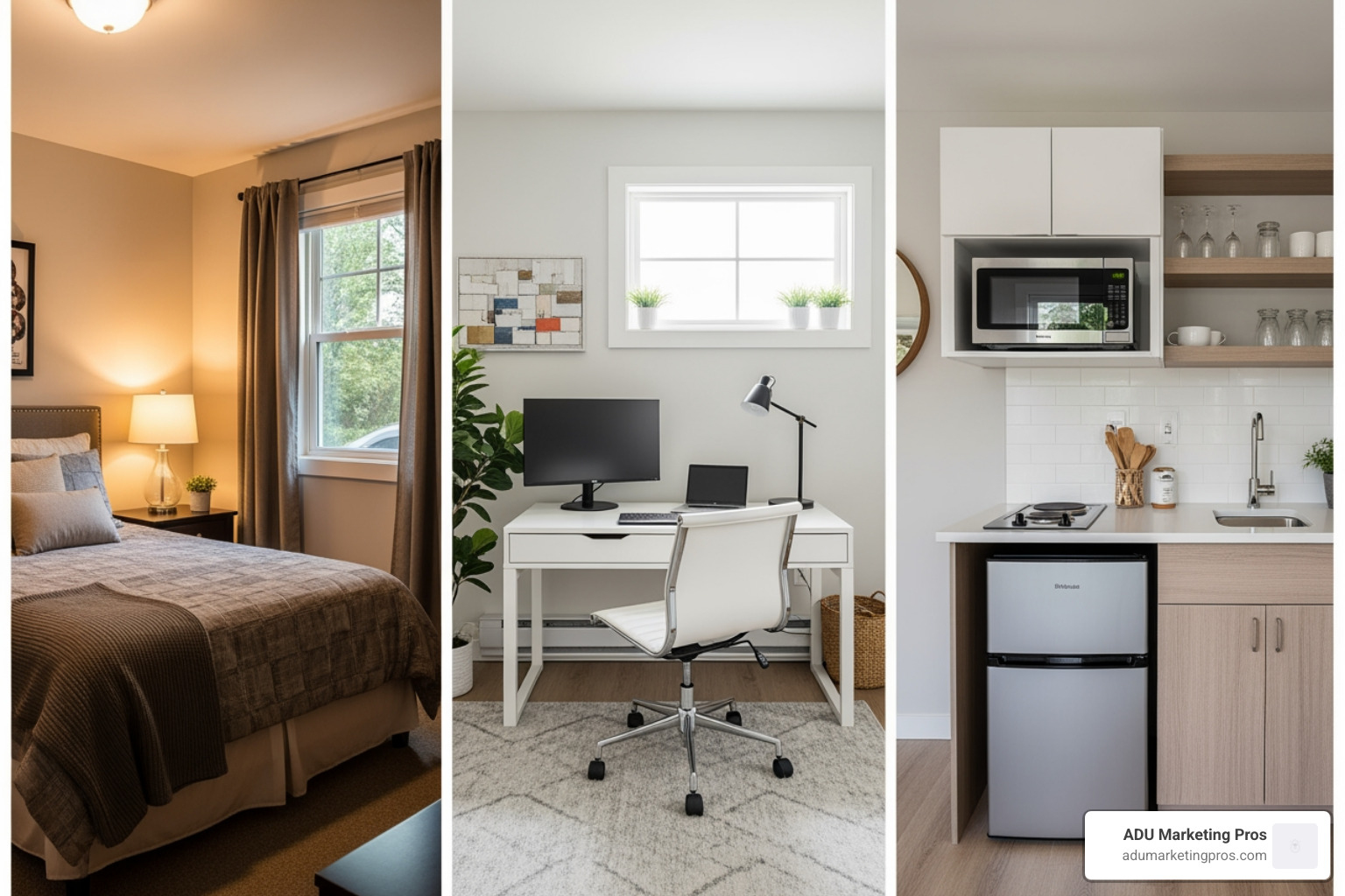 Collage showcasing different garage conversion types: a cozy bedroom, a sleek home office, and a compact ADU kitchen. - Cost to convert garage Collage showcasing different garage conversion types: a cozy bedroom, a sleek home office, and a compact ADU kitchen. - Cost to convert garage