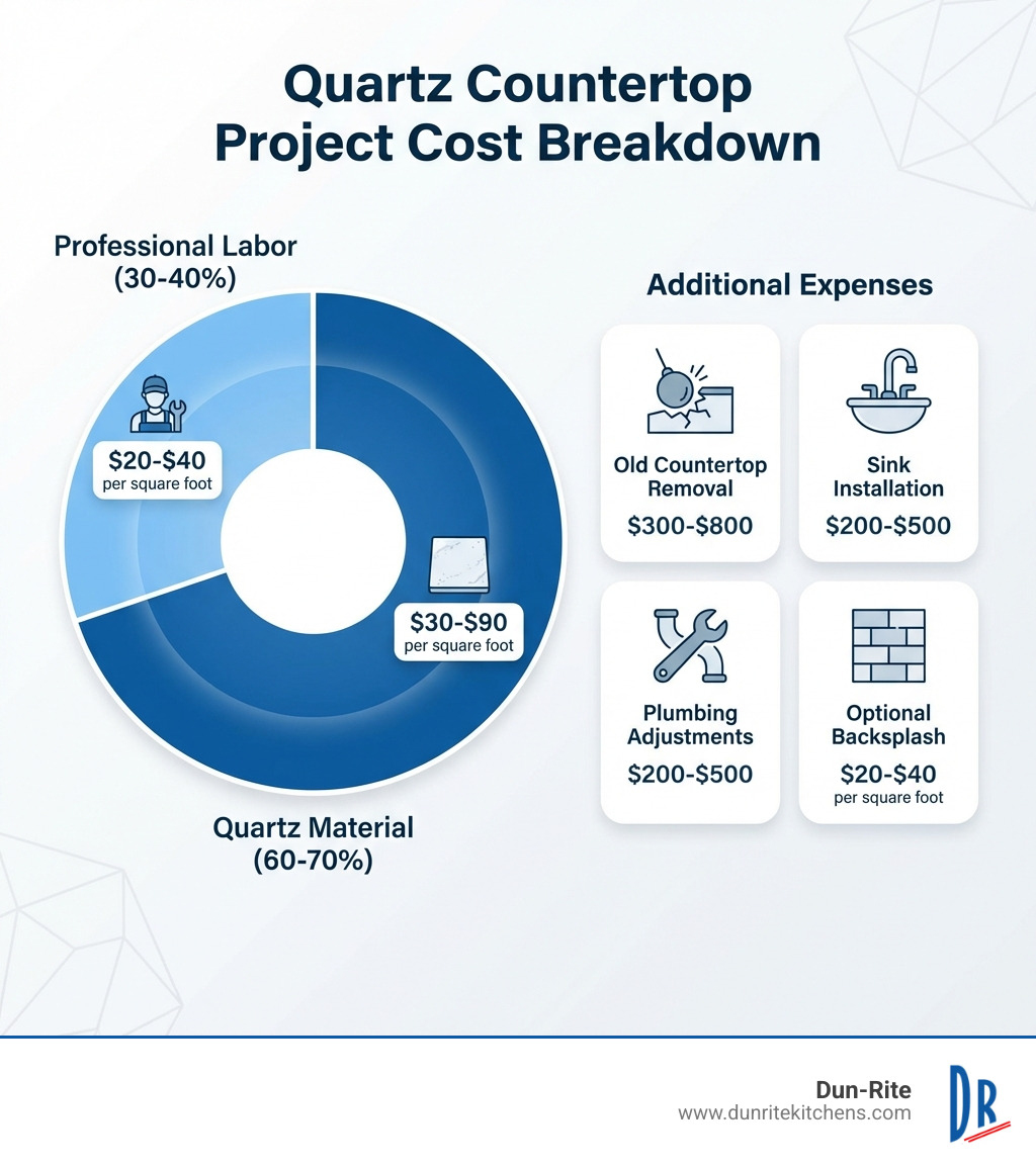 Infographic showing the breakdown of quartz countertop project costs: 60-70% for quartz material ($30-$90 per square foot), 30-40% for professional labor ($20-$40 per square foot), plus additional expenses including old countertop removal ($300-$800), sink installation ($200-$500), plumbing adjustments ($200-$500), and optional backsplash ($20-$40 per square foot) - Quartz countertop costs infographic Infographic showing the breakdown of quartz countertop project costs: 60-70% for quartz material ($30-$90 per square foot), 30-40% for professional labor ($20-$40 per square foot), plus additional expenses including old countertop removal ($300-$800), sink installation ($200-$500), plumbing adjustments ($200-$500), and optional backsplash ($20-$40 per square foot) - Quartz countertop costs infographic