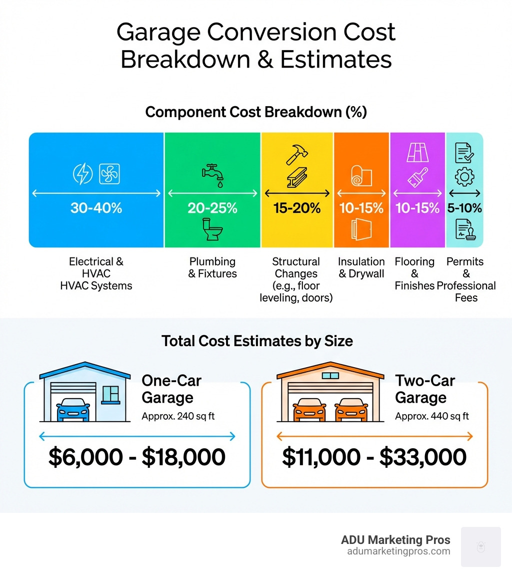 Infographic showing garage conversion cost breakdown by component: 30-40% for electrical and HVAC systems, 20-25% for plumbing and fixtures, 15-20% for structural changes including floor leveling and door replacement, 10-15% for insulation and drywall, 10-15% for flooring and finishes, and 5-10% for permits and professional fees. Includes visual comparison of one-car garage (240 sq ft, $6,000-$18,000) versus two-car garage (440 sq ft, $11,000-$33,000) conversion costs. - Cost to convert garage infographic Infographic showing garage conversion cost breakdown by component: 30-40% for electrical and HVAC systems, 20-25% for plumbing and fixtures, 15-20% for structural changes including floor leveling and door replacement, 10-15% for insulation and drywall, 10-15% for flooring and finishes, and 5-10% for permits and professional fees. Includes visual comparison of one-car garage (240 sq ft, $6,000-$18,000) versus two-car garage (440 sq ft, $11,000-$33,000) conversion costs. - Cost to convert garage infographic