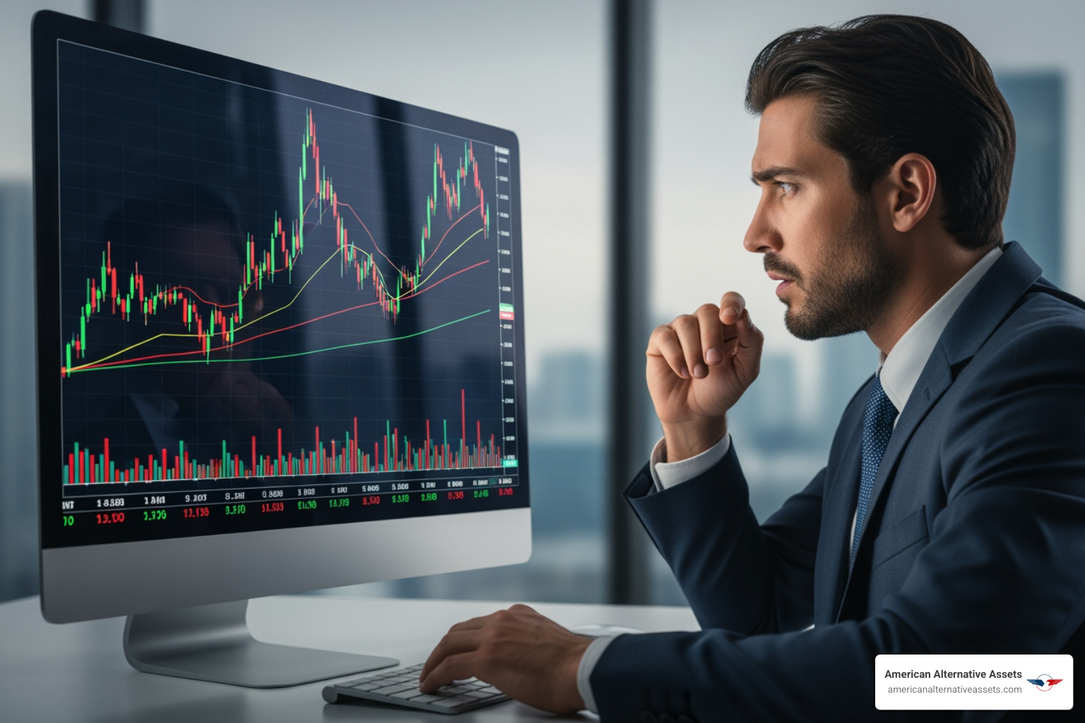 A volatile stock market graph with a concerned investor looking on - long term wealth