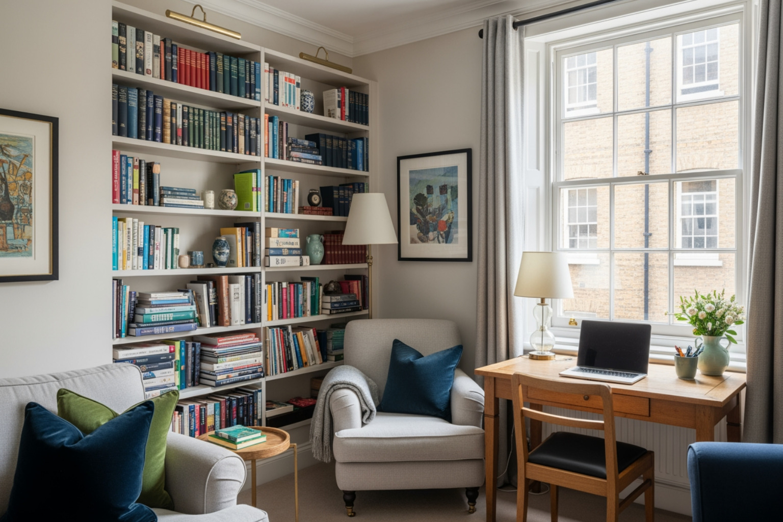 A cozy, well-lit living room in a London flat, featuring bookshelves filled with academic texts, a comfortable armchair, and a small desk with a laptop, bathed in natural light. - scholar housing in London