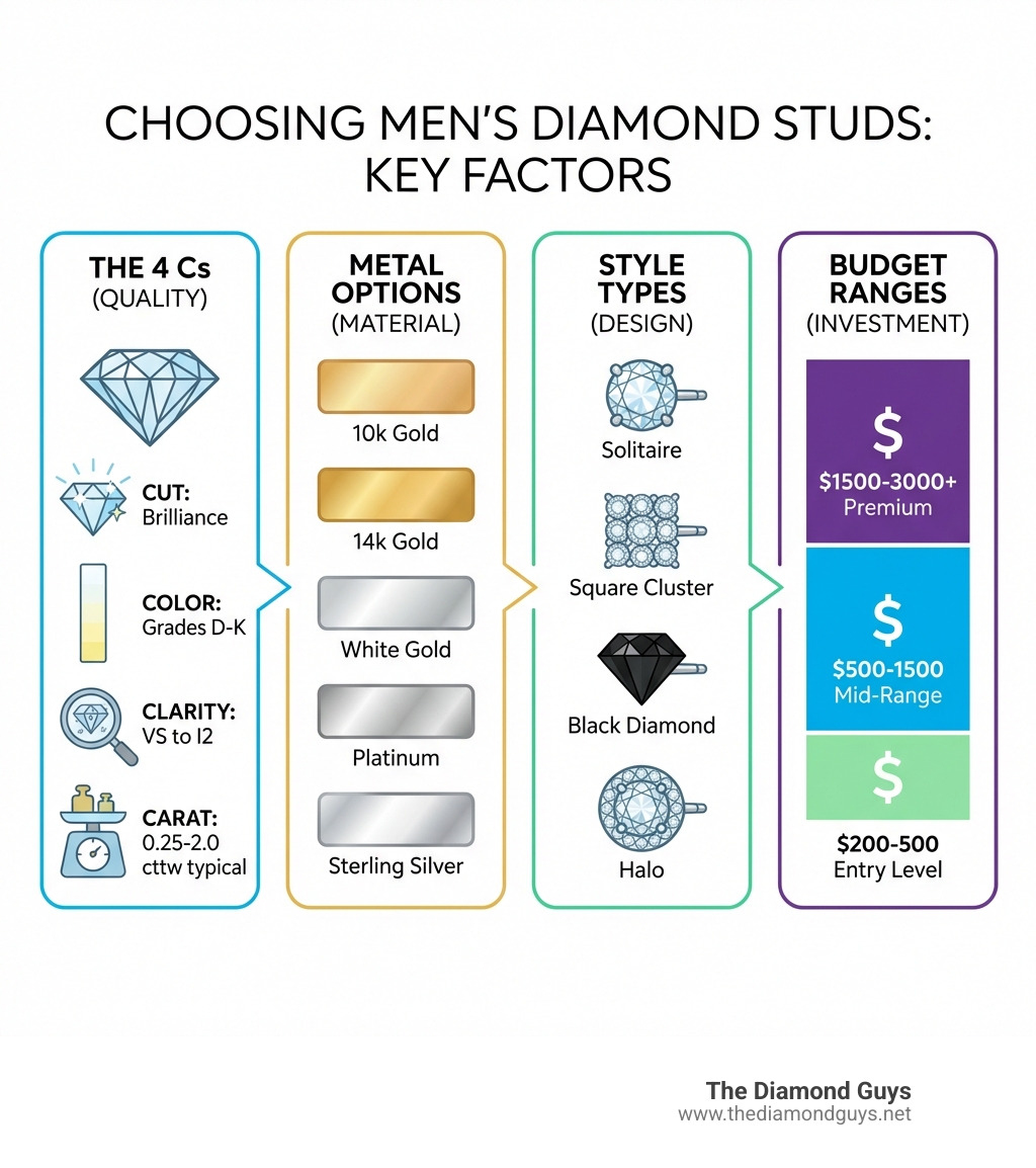 Infographic showing the key factors in choosing men's diamond studs: The 4 Cs (Cut for brilliance, Color grades D-K, Clarity VS to I2, Carat 0.25-2.0 typical), Metal Options (10k Gold, 14k Gold, White Gold, Platinum, Sterling Silver), Style Types (Solitaire, Square Cluster, Black Diamond, Halo), and Budget Ranges ($200-500 entry level, $500-1500 mid-range, $1500-3000+ premium) - male diamond studs infographic Infographic showing the key factors in choosing men's diamond studs: The 4 Cs (Cut for brilliance, Color grades D-K, Clarity VS to I2, Carat 0.25-2.0 typical), Metal Options (10k Gold, 14k Gold, White Gold, Platinum, Sterling Silver), Style Types (Solitaire, Square Cluster, Black Diamond, Halo), and Budget Ranges ($200-500 entry level, $500-1500 mid-range, $1500-3000+ premium) - male diamond studs infographic
