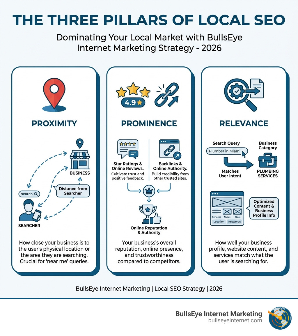 infographic showing the three pillars of local SEO: proximity with location pin icon, prominence with star ratings and backlinks, and relevance with search query matching business category - Local SEO infographic 