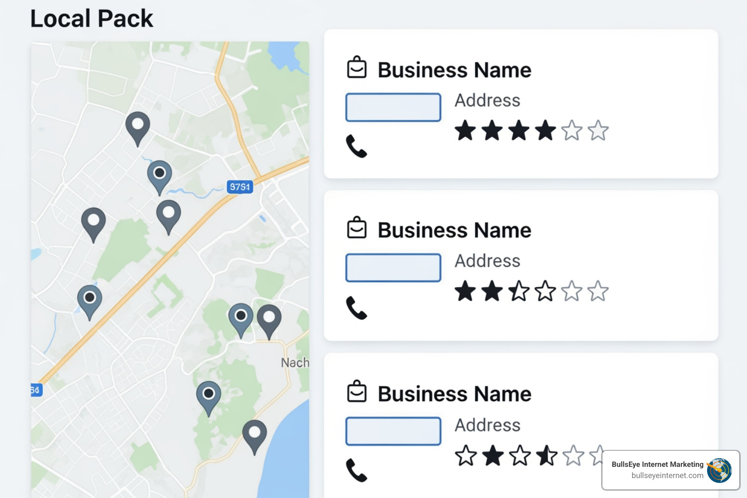 Google Local Pack results with map and three business listings - Local SEO