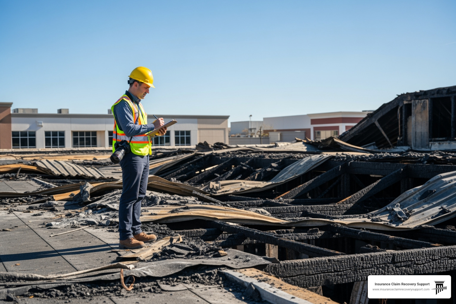 adjuster inspecting fire damage on a commercial roof - fire insurnace claim help