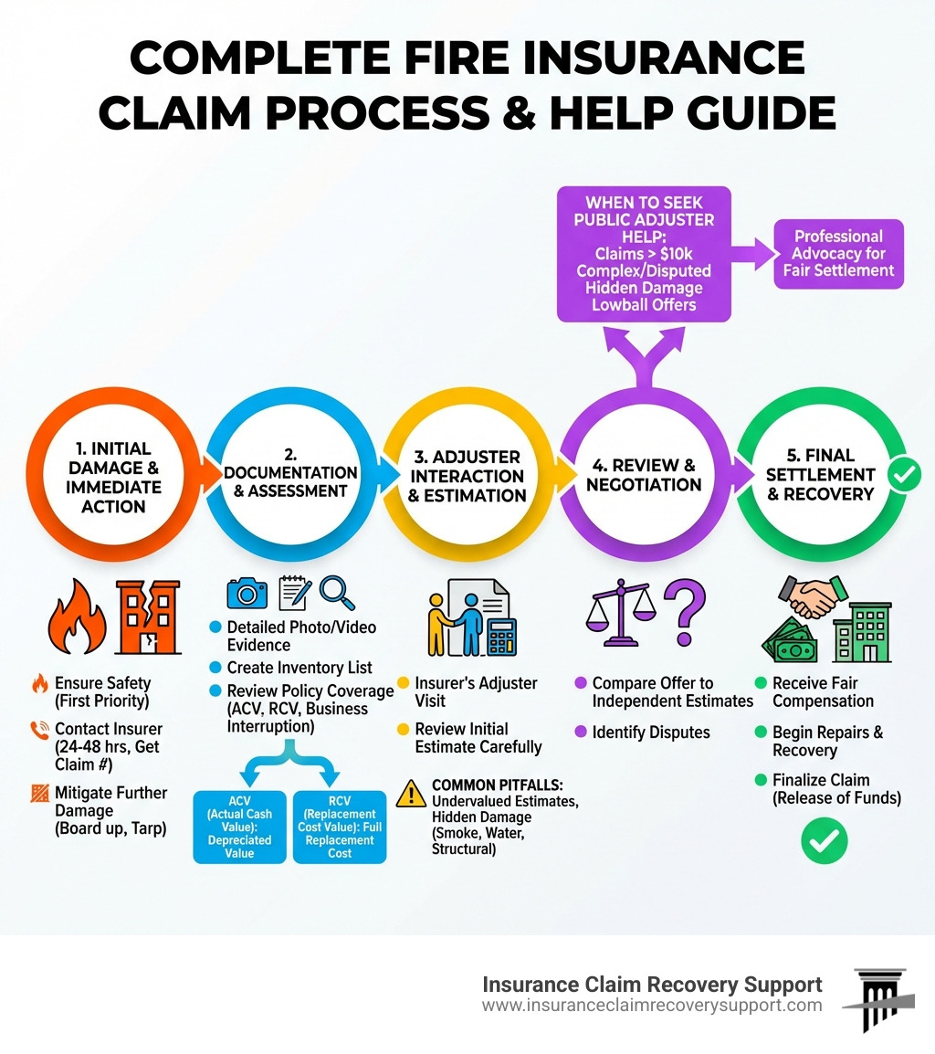 infographic showing the complete fire insurance claim process from initial damage through final settlement, including documentation steps, adjuster interactions, common pitfalls like undervalued estimates and hidden damage, coverage types like ACV vs RCV and business interruption, and when to seek public adjuster help - fire insurnace claim help infographic 