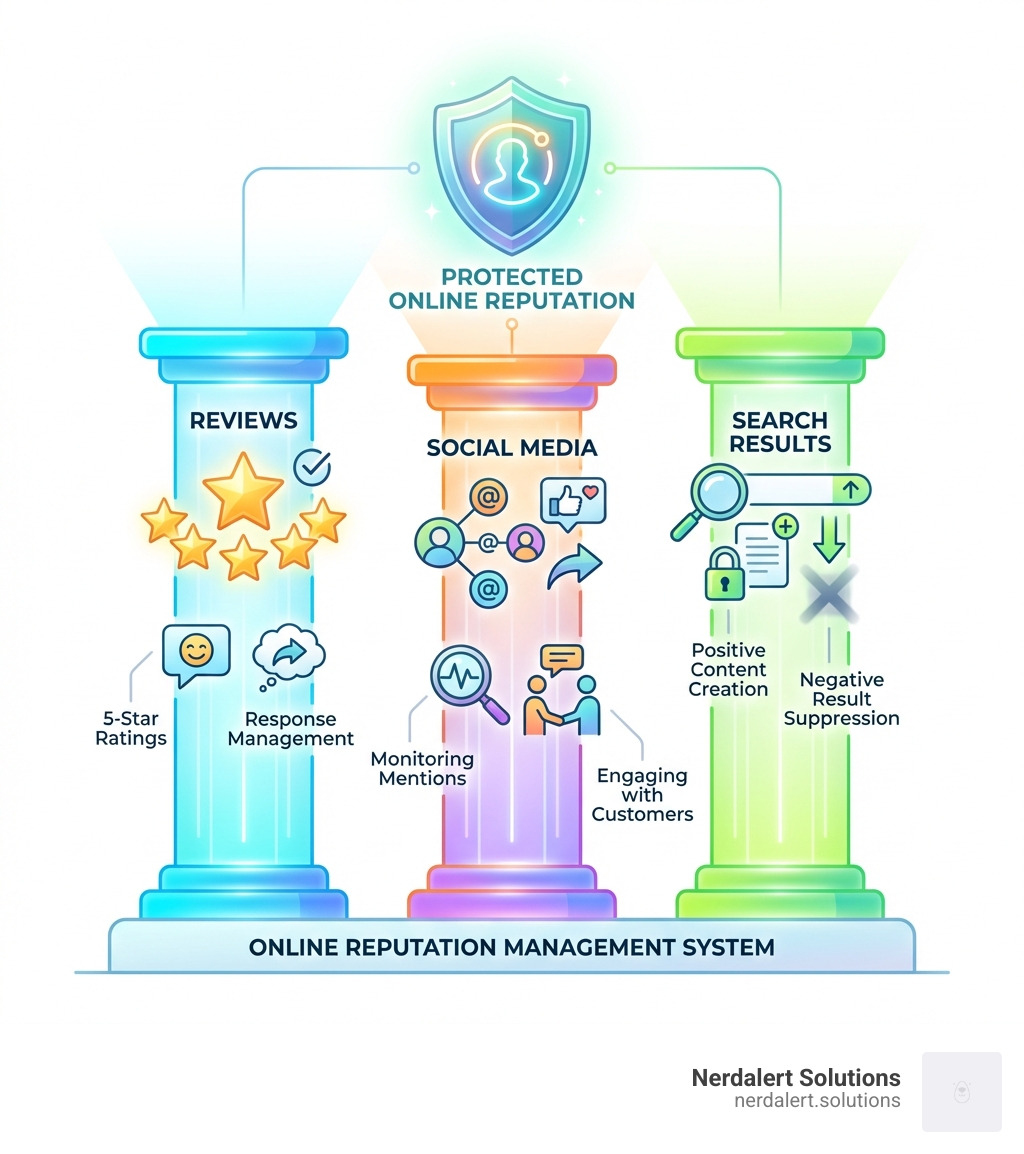 Infographic showing three pillars of online reputation management: Reviews (5-star ratings and response management), Social Media (monitoring mentions and engaging with customers), and Search Results (positive content creation and negative result suppression) - online reputation management companies infographic 