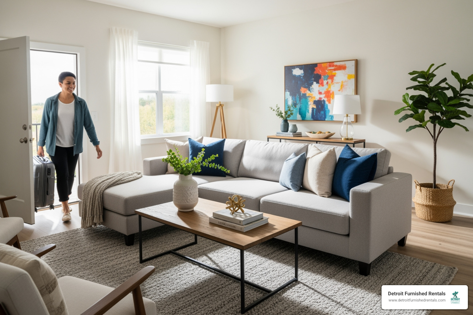 Person with a single suitcase smiling as they enter a fully furnished living room - furnished apartments for rent Detroit