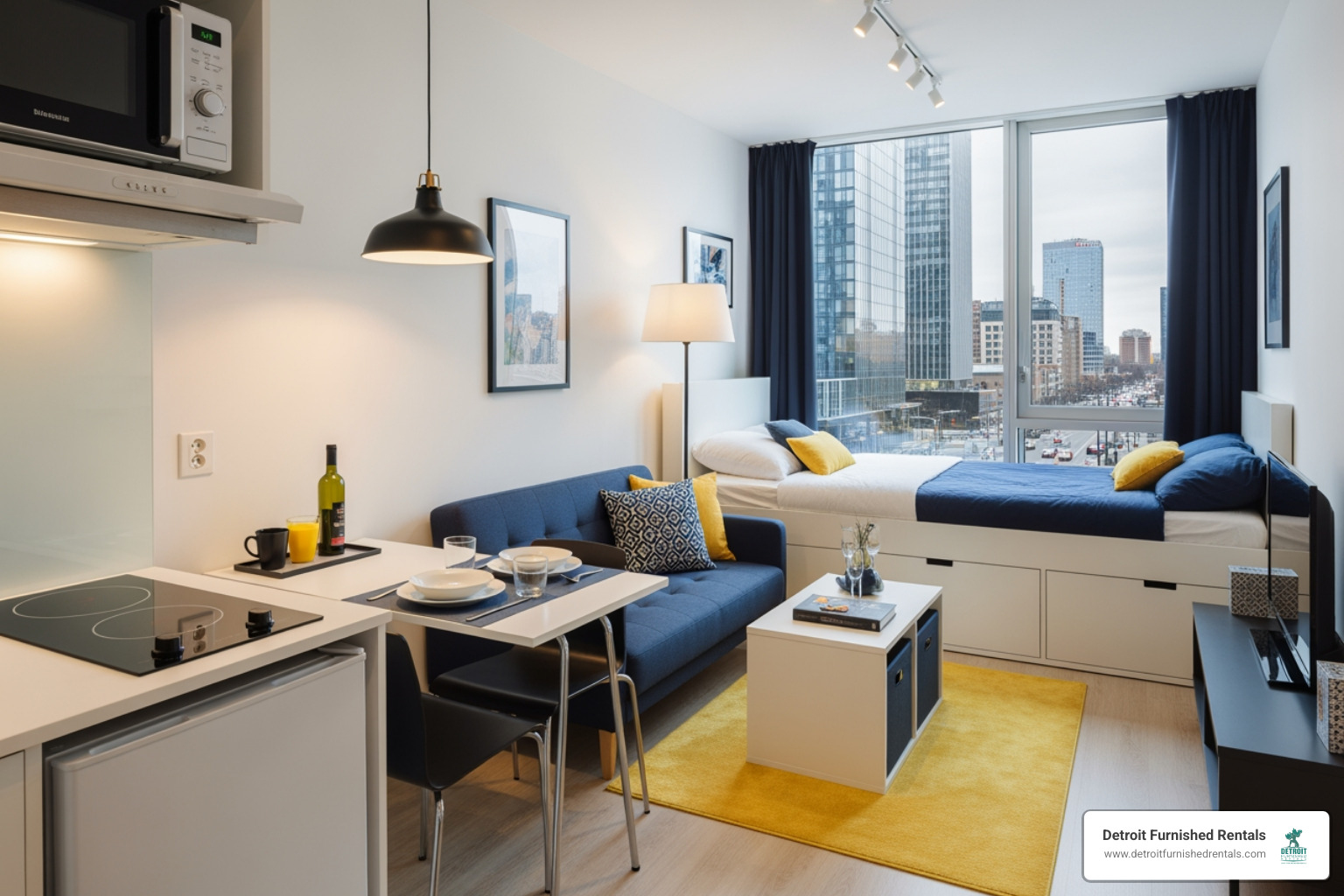 Compact and modern micro-loft studio apartment - furnished apartments for rent Detroit