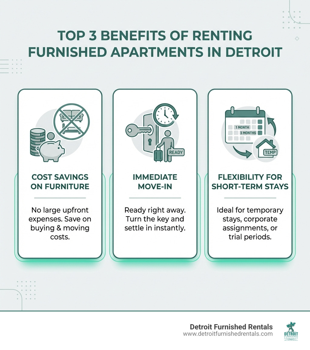 Infographic showing top 3 benefits of renting furnished apartments in Detroit: cost savings on furniture, immediate move-in, and flexibility for short-term stays - furnished apartments for rent Detroit infographic 