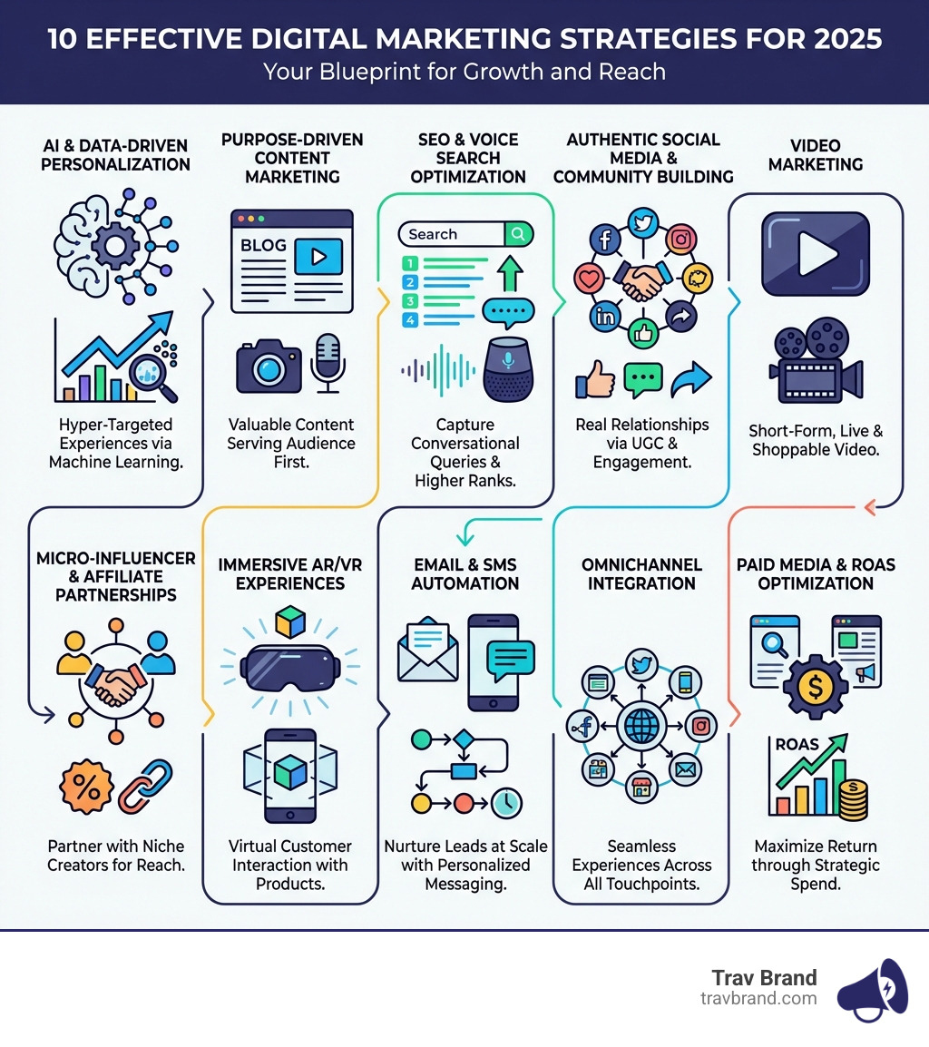 Infographic showing the 10 effective digital marketing strategies for 2025: 1) AI and Data-Driven Personalization with predictive analytics icons, 2) Purpose-Driven Content Marketing with blog and video symbols, 3) SEO and Voice Search Optimization with search engine rankings, 4) Authentic Social Media & Community Building with engagement metrics, 5) Video Marketing with play button and camera icons, 6) Micro-Influencer & Affiliate Partnerships with collaboration symbols, 7) Immersive AR/VR Experiences with virtual reality headset, 8) Email & SMS Automation with message icons and automation workflows, 9) Omnichannel Marketing Integration with connected channel symbols, 10) Paid Media & ROAS Optimization with ad platform icons and dollar signs - effective digital marketing strategies infographic 