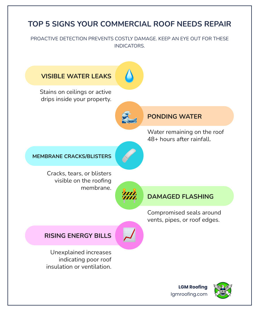 Infographic showing the top 5 signs your commercial roof needs immediate repair: water leaks and ceiling stains, ponding water after 48 hours, visible membrane cracks or blisters, damaged or missing flashing, and rising energy costs from poor insulation - commercial roof repair in jersey city, nj infographic infographic-line-5-steps-colors Infographic showing the top 5 signs your commercial roof needs immediate repair: water leaks and ceiling stains, ponding water after 48 hours, visible membrane cracks or blisters, damaged or missing flashing, and rising energy costs from poor insulation - commercial roof repair in jersey city, nj infographic infographic-line-5-steps-colors