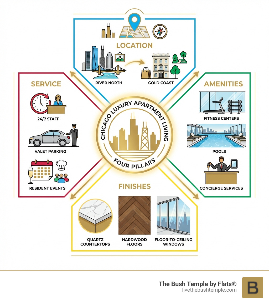 Infographic showing the four pillars of luxury apartment living in Chicago: Location featuring prime neighborhoods like River North and Gold Coast; Amenities including fitness centers, pools, and concierge services; Finishes such as quartz countertops, hardwood floors, and floor-to-ceiling windows; and Service with 24/7 staff, valet parking, and resident events - luxury apartments for rent chicago infographic 