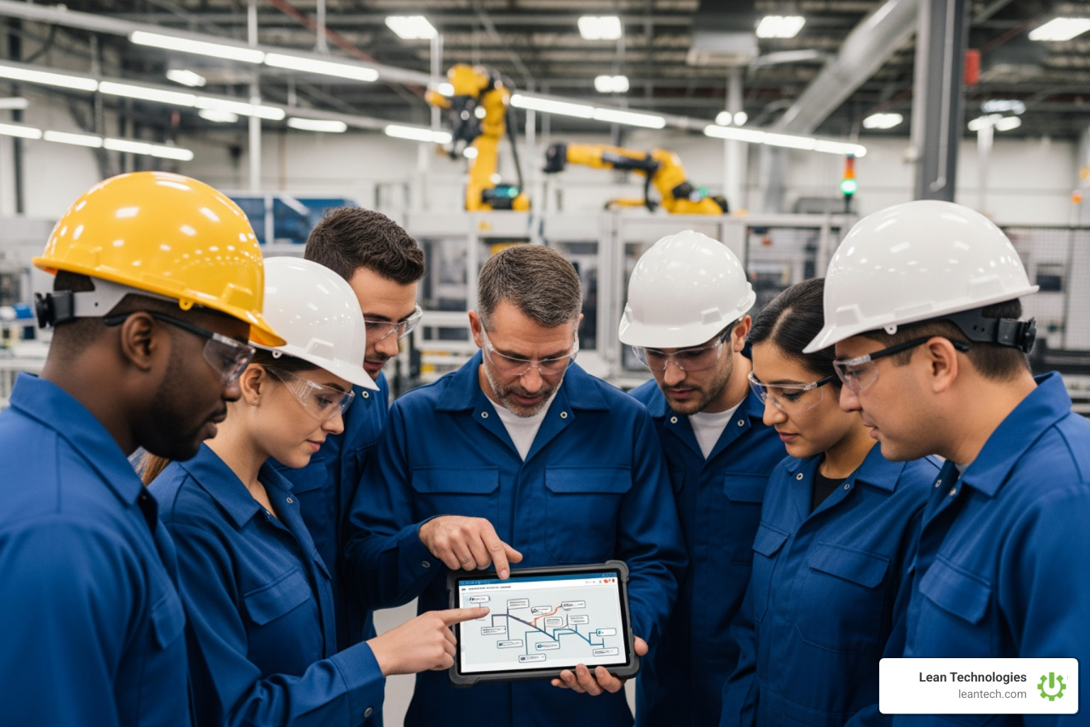 Team huddled around a tablet with RCA software - root cause analysis software