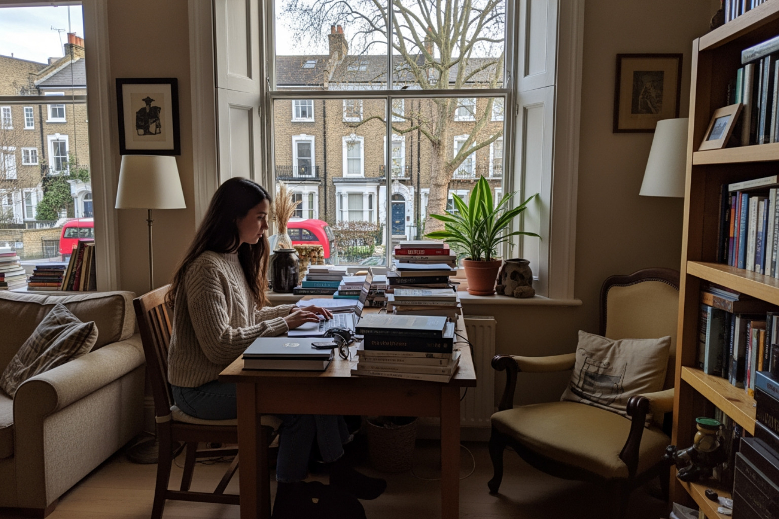 A charming London street with classic brick buildings, lush trees, and a red telephone box, suggesting a quiet residential area near a university campus. - scholar housing in London