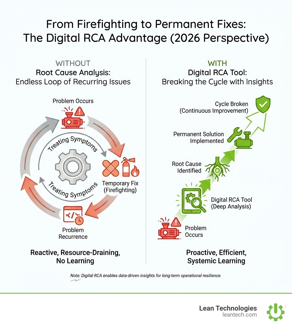 Infographic illustrating the contrast between the endless loop of recurring issues without root cause analysis and breaking the cycle with a digital RCA tool - root cause analysis software infographic 