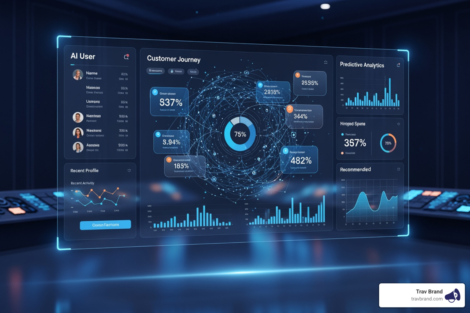 futuristic AI interface showing customer journey analytics - effective digital marketing strategies