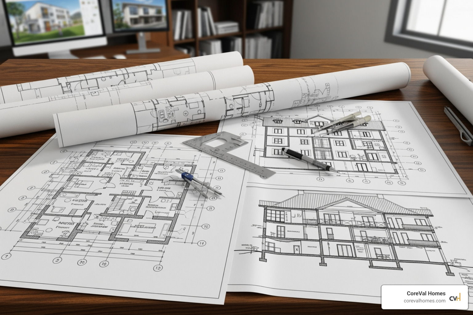 Architectural blueprints on a table - Second floor addition plans Architectural blueprints on a table - Second floor addition plans