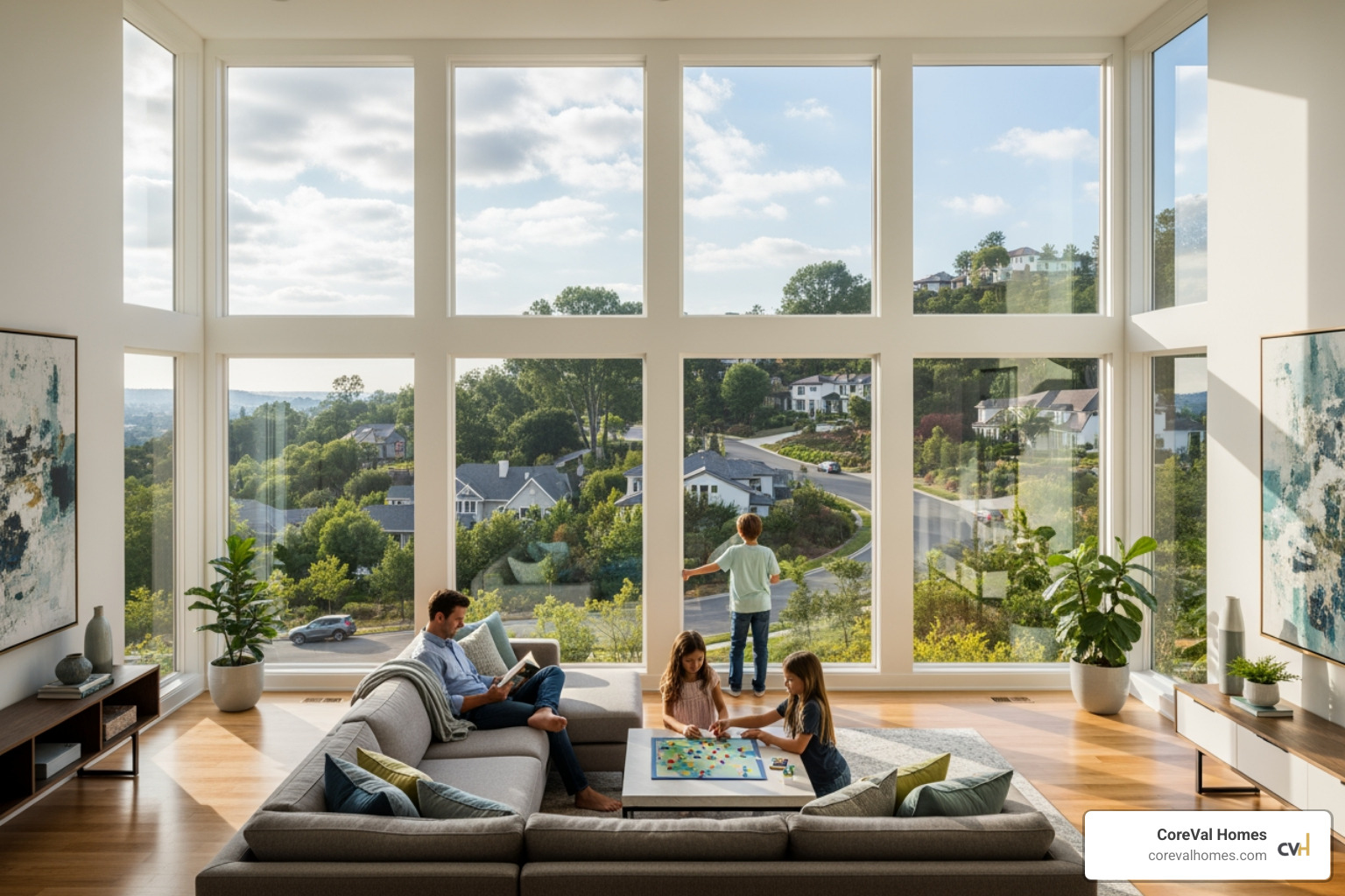 A family enjoying a new, spacious second-floor living room with great views - Second floor addition plans A family enjoying a new, spacious second-floor living room with great views - Second floor addition plans