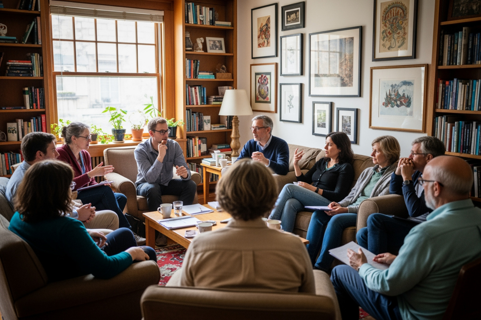 A group of academics engaged in a focused discussion in a comfortable, sunlit common area with bookshelves and warm lighting. - Academic writing retreat London A group of academics engaged in a focused discussion in a comfortable, sunlit common area with bookshelves and warm lighting. - Academic writing retreat London