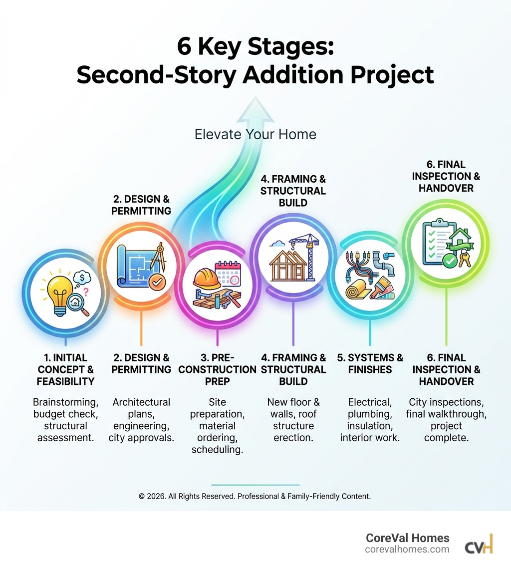 Infographic detailing the 6 key stages of a second-story addition project from initial concept to final inspection - Second floor addition plans infographic Infographic detailing the 6 key stages of a second-story addition project from initial concept to final inspection - Second floor addition plans infographic