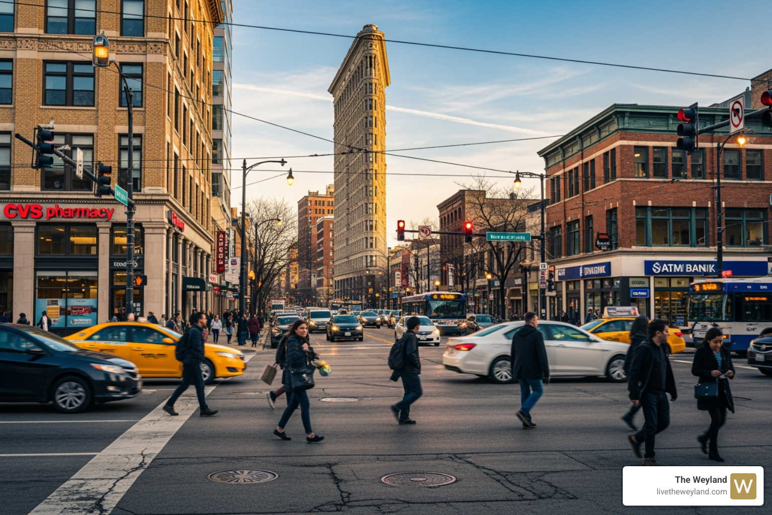 The busy 'Six Corners' intersection at North, Damen, and Milwaukee Avenues, with cars, pedestrians, and storefronts. - wicker park one bedroom The busy 'Six Corners' intersection at North, Damen, and Milwaukee Avenues, with cars, pedestrians, and storefronts. - wicker park one bedroom