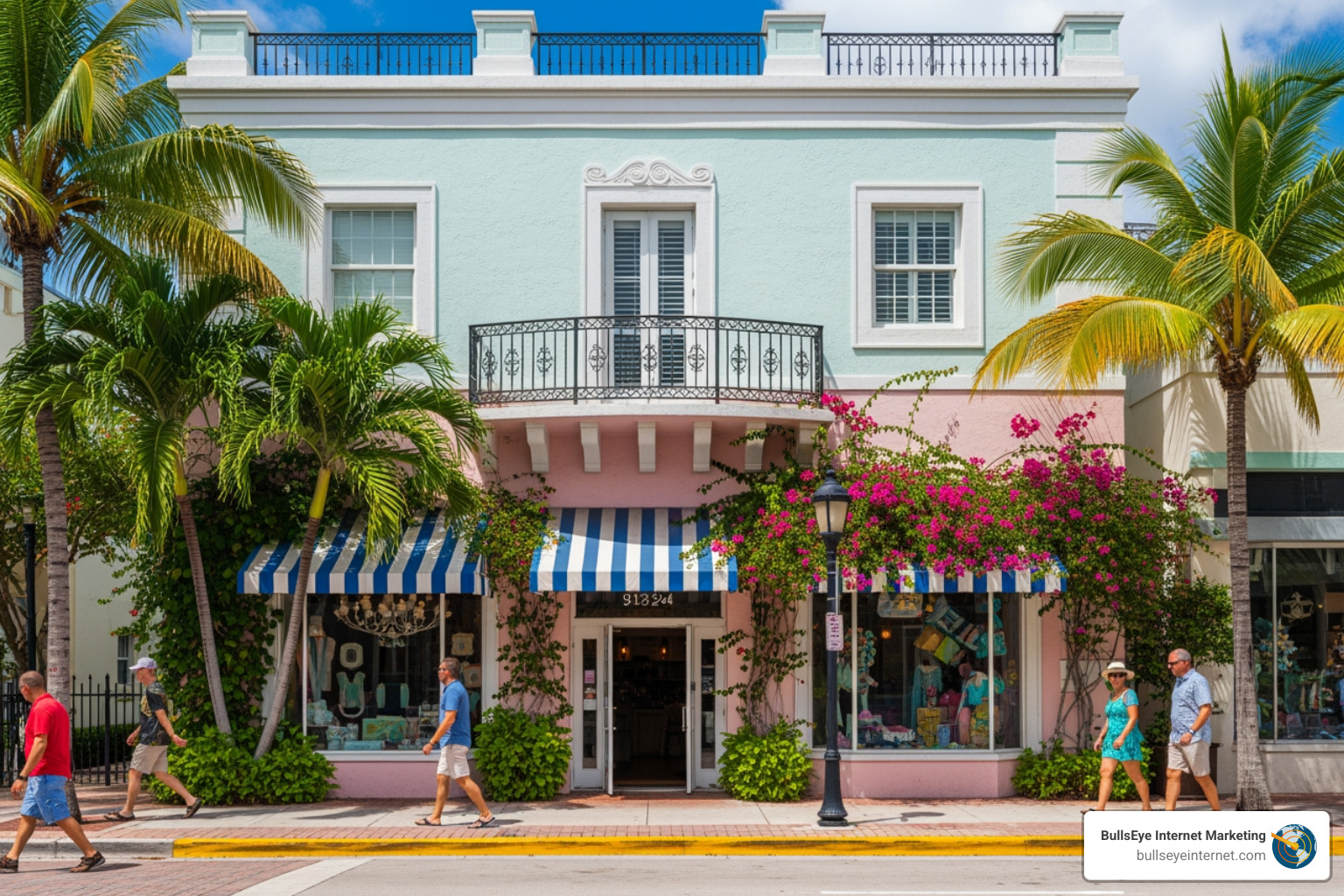 Delray Beach storefront - digital marketing Delray Beach Colorful storefront in Delray Beach with tropical plants, striped awning, and people walking, representing local business vibrancy and community engagement.