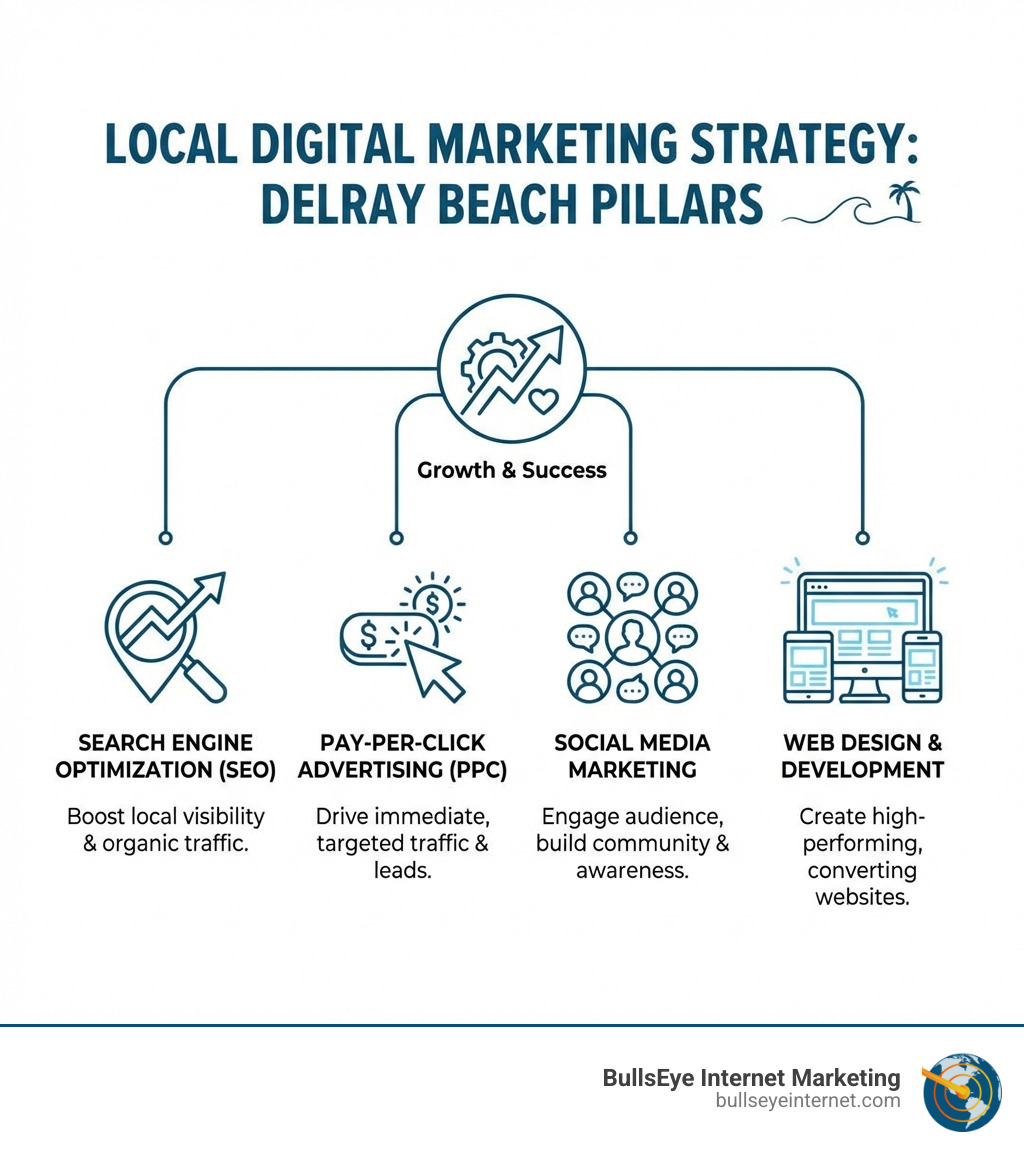Key Pillars of Local Digital Marketing Strategy for Delray Beach Businesses: Search Engine Optimization, Pay-Per-Click Advertising, Social Media Marketing, and Web Design - digital marketing Delray Beach infographic Local digital marketing strategy pillars for Delray Beach, highlighting SEO, PPC, social media marketing, and web design, with icons representing growth and success, from BullsEye Internet Marketing.