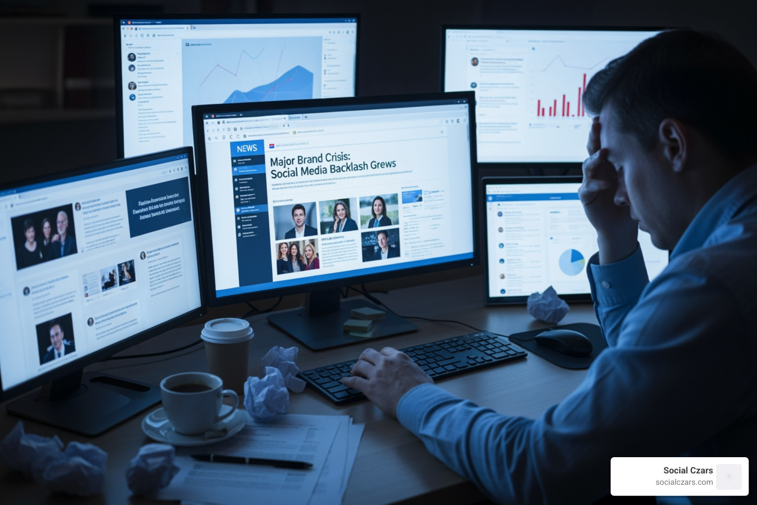 Collage of negative social media comments, bad reviews, and fake news headlines - Damage control online