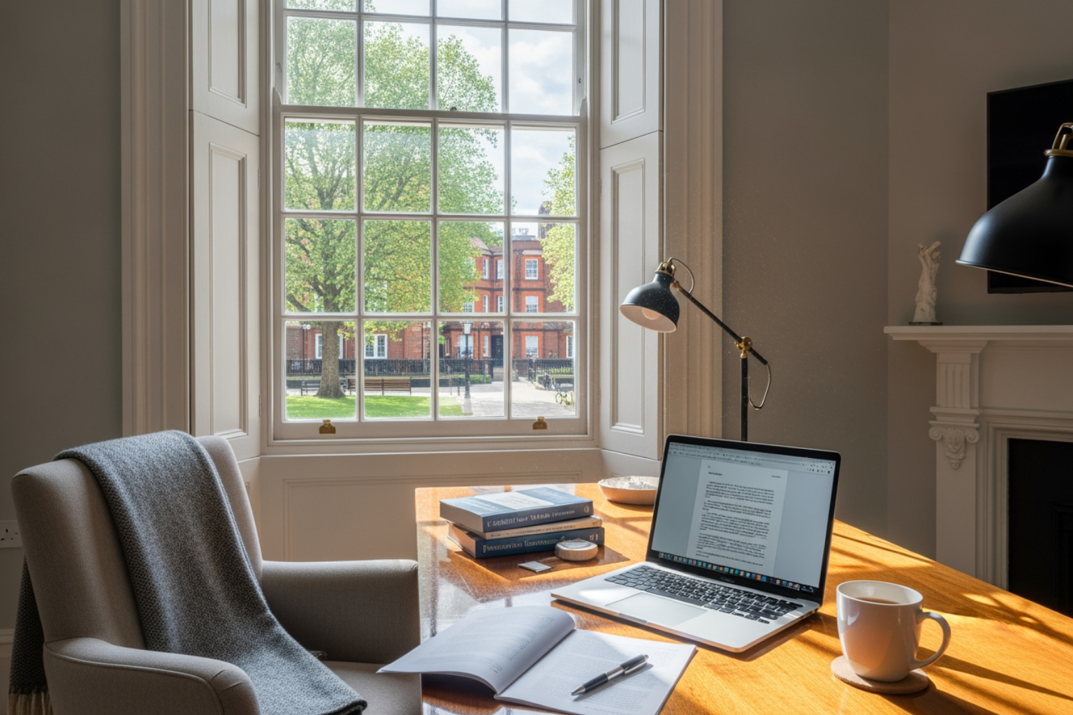 A serene writing environment with a wooden desk, a laptop, books, and a cup of tea, overlooking a quiet, verdant park through a large window. - Academic writing retreat London A serene writing environment with a wooden desk, a laptop, books, and a cup of tea, overlooking a quiet, verdant park through a large window. - Academic writing retreat London