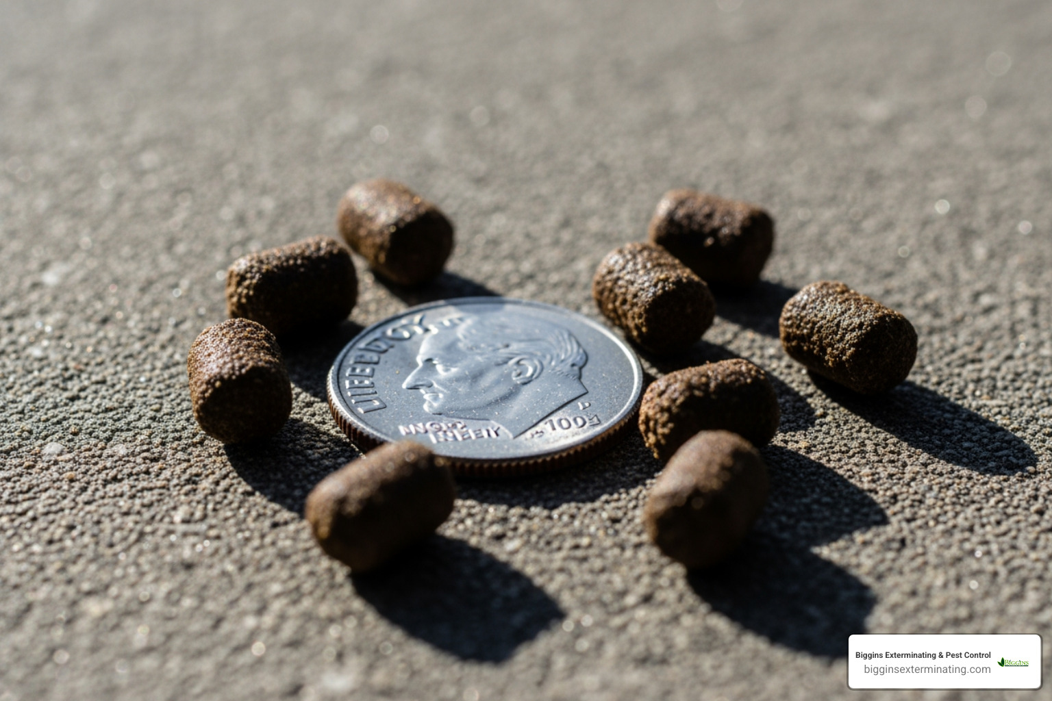 rodent droppings next to a coin for scale - rat and mice infestation