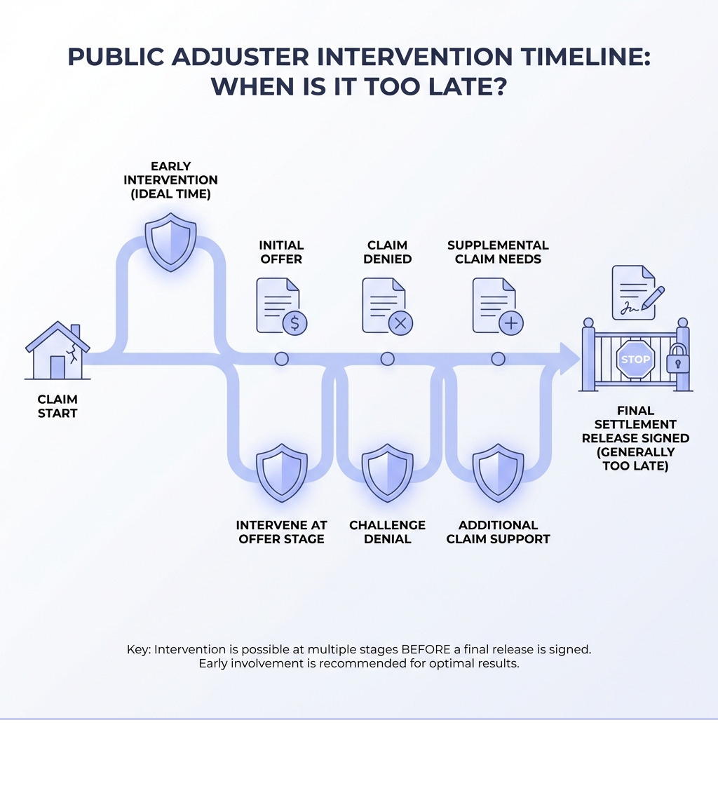 Infographic showing key points in an insurance claim timeline and when a public adjuster can intervene, highlighting early intervention as ideal but also showing intervention at offer stage, denial stage, or for supplemental claims before a final release. - when is it too late to hire a public adjuster infographic Infographic showing key points in an insurance claim timeline and when a public adjuster can intervene, highlighting early intervention as ideal but also showing intervention at offer stage, denial stage, or for supplemental claims before a final release. - when is it too late to hire a public adjuster infographic