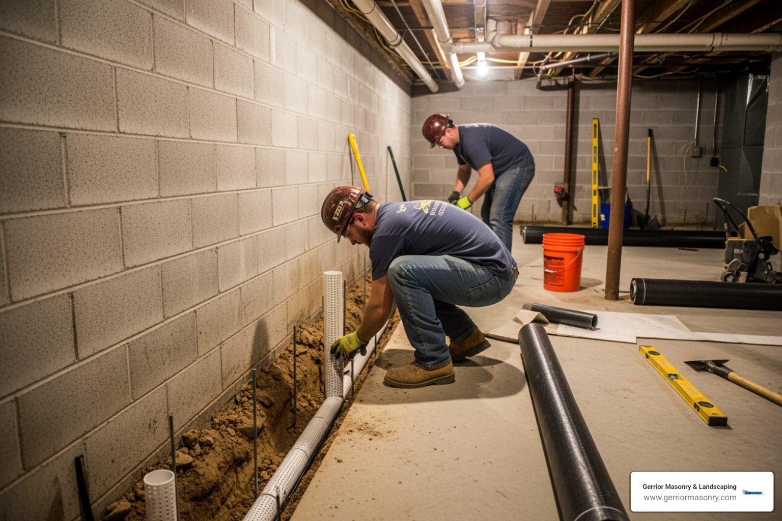 interior drainage system being installed - Basement Waterproofing