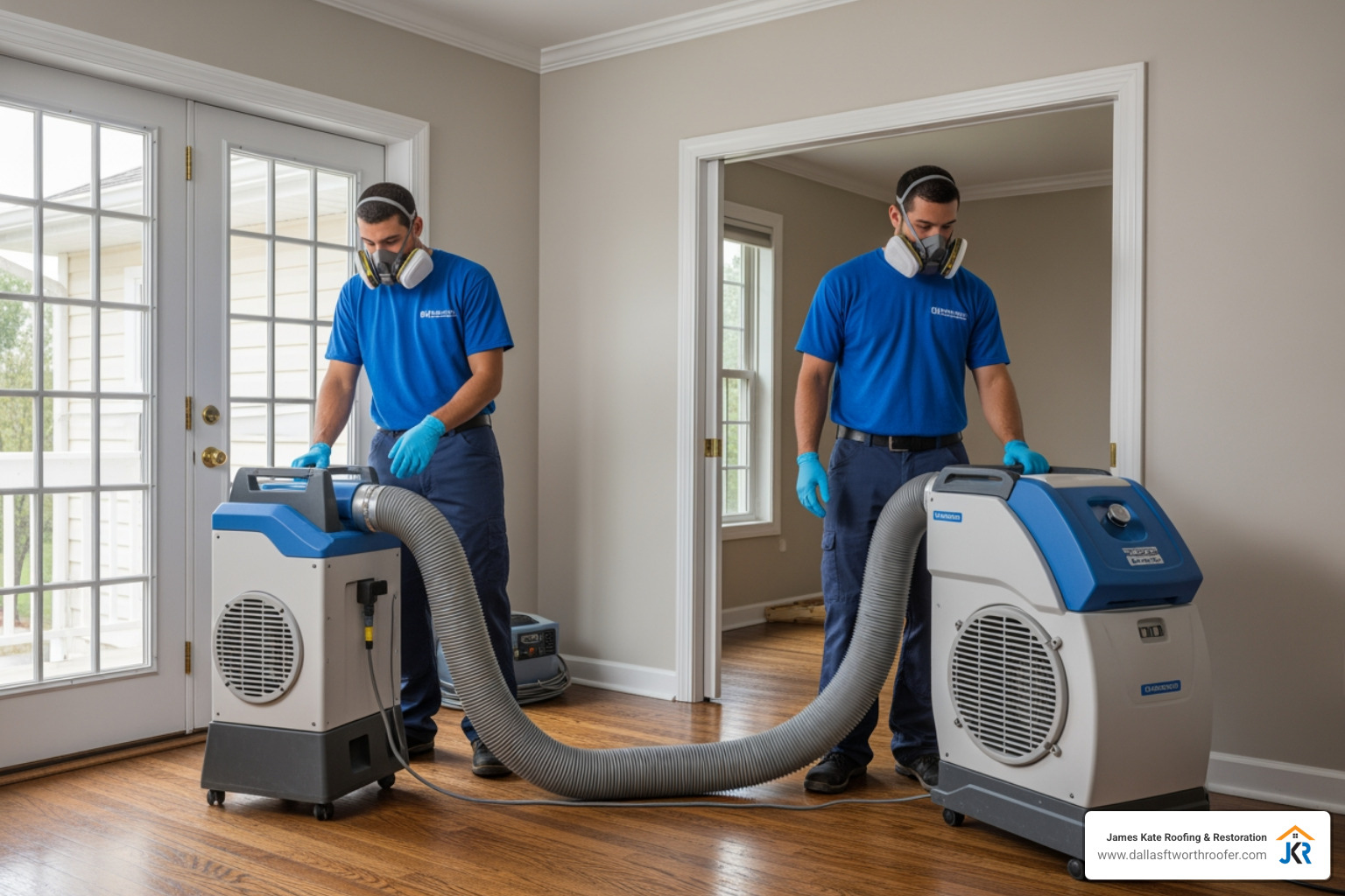 two technicians in full PPE, including royal blue James Kate shirts under their suits, respirators, and gloves, using specialized drying equipment in a contained residential area - category 3 water remediation two technicians in full PPE, including royal blue James Kate shirts under their suits, respirators, and gloves, using specialized drying equipment in a contained residential area - category 3 water remediation