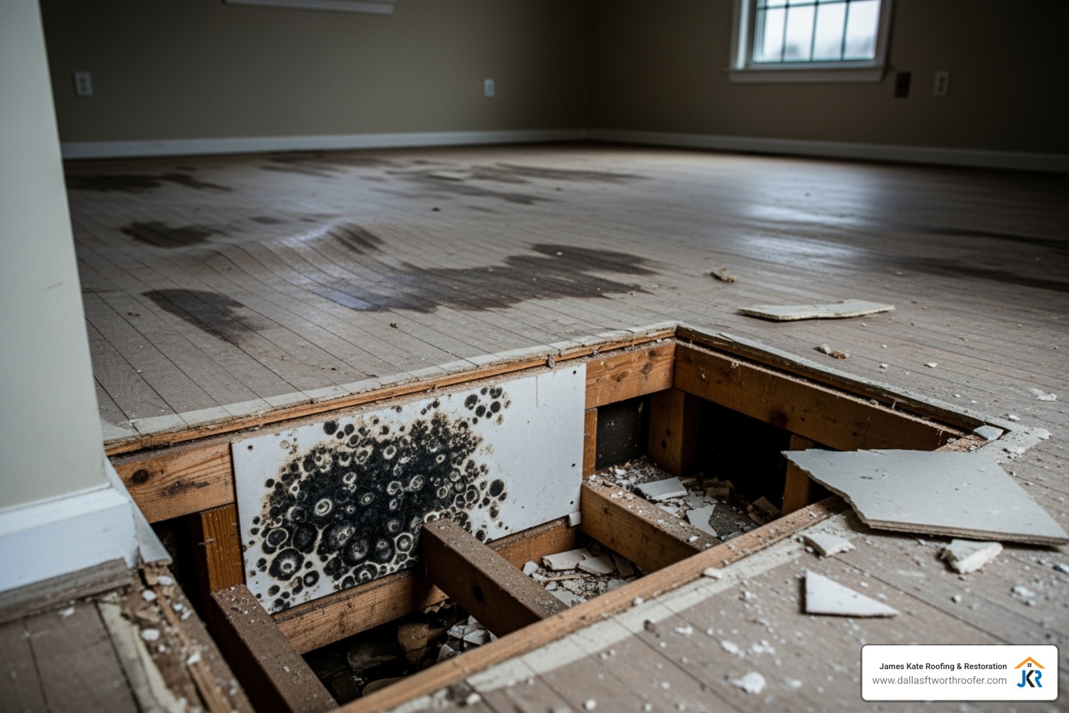 warped hardwood floors and a cut-out section of moldy drywall resulting from black water damage in a home - category 3 water remediation warped hardwood floors and a cut-out section of moldy drywall resulting from black water damage in a home - category 3 water remediation