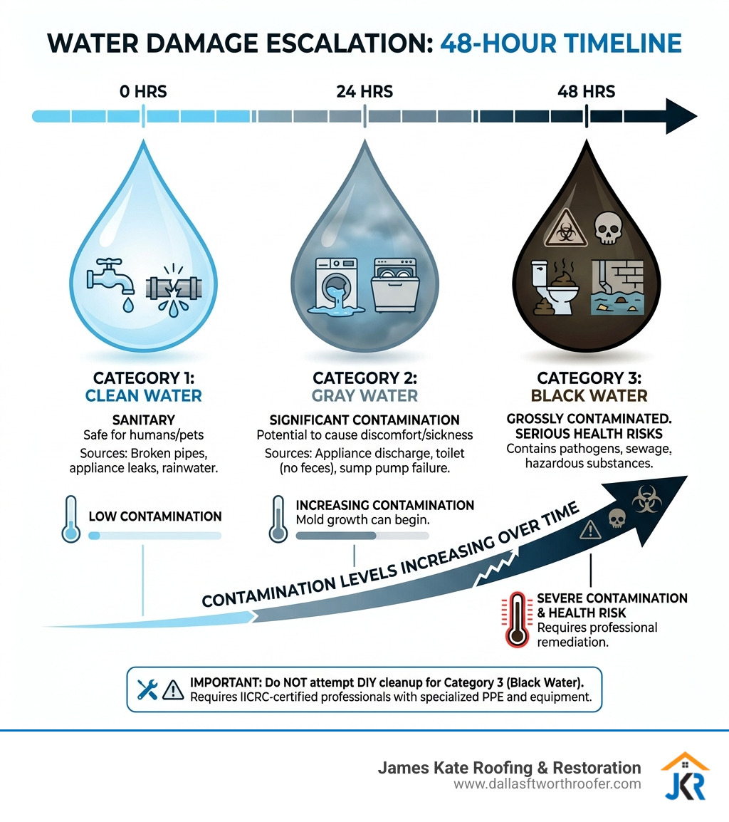 infographic showing water damage escalation timeline from clean Category 1 water to gray Category 2 water to black Category 3 water over 48 hours with contamination levels increasing - category 3 water remediation infographic infographic showing water damage escalation timeline from clean Category 1 water to gray Category 2 water to black Category 3 water over 48 hours with contamination levels increasing - category 3 water remediation infographic