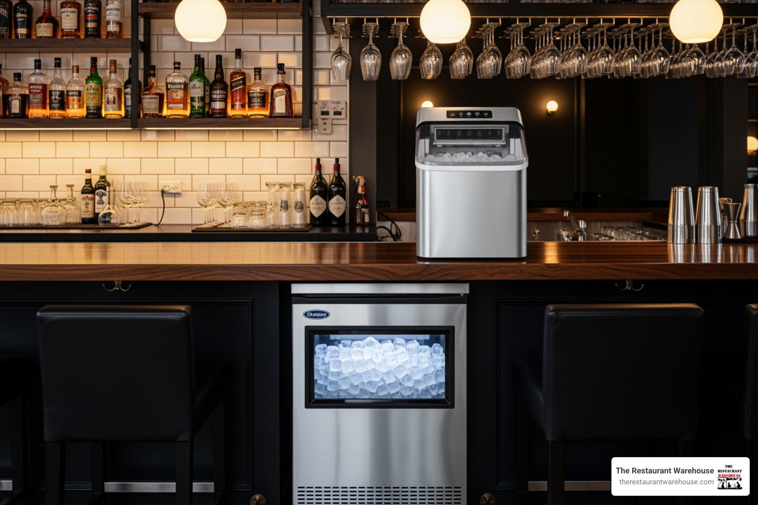 clean, modern undercounter ice machine installed in a bar setting - ice machine drain pump