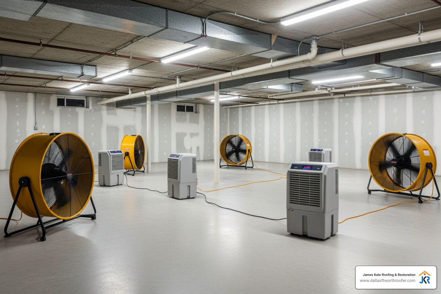 industrial fans and dehumidifiers running in a clean but empty basement - basement flooding remediation