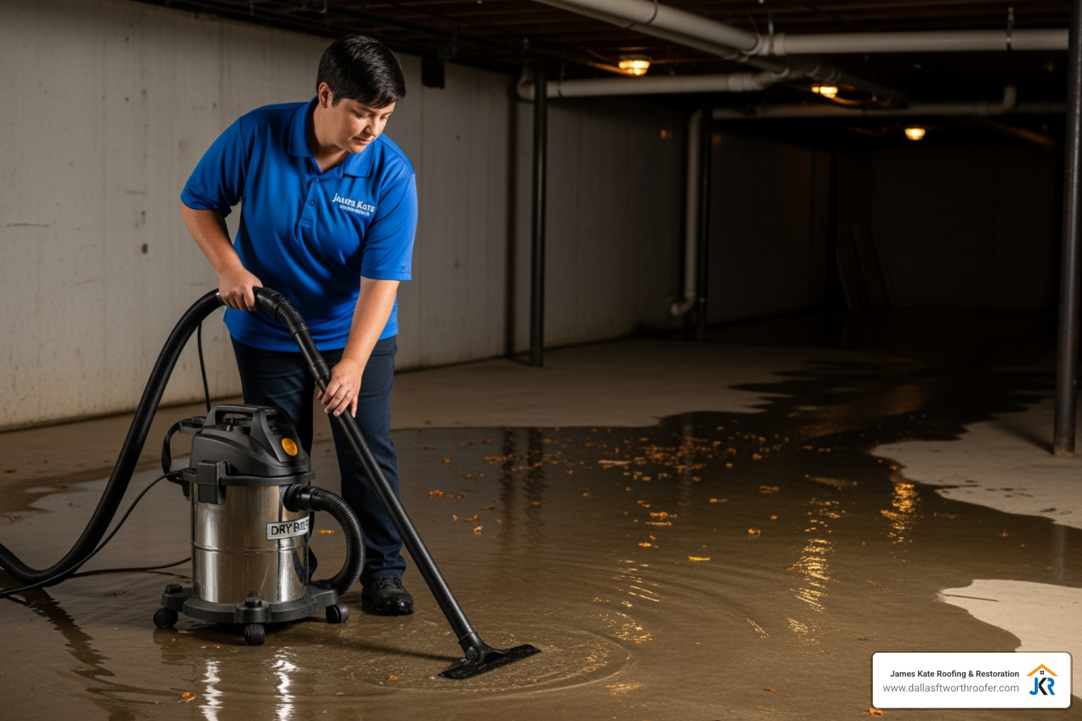 restoration professional in a royal blue James Kate shirt using a wet/dry vacuum to remove water from a concrete basement floor - basement flooding remediation