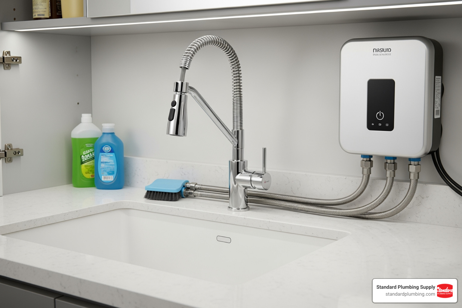 Small apartment kitchen or bathroom with a point-of-use water heater - 120 volt instant hot water heater Small apartment kitchen or bathroom with a point-of-use water heater - 120 volt instant hot water heater