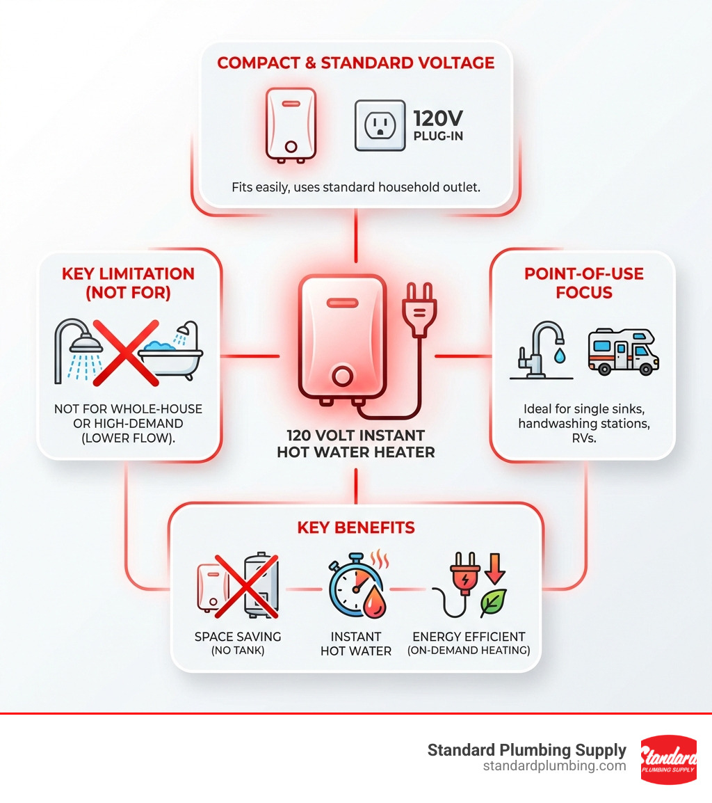 Infographic explaining key features and benefits of a 120 volt instant hot water heater - 120 volt instant hot water heater infographic Infographic explaining key features and benefits of a 120 volt instant hot water heater - 120 volt instant hot water heater infographic