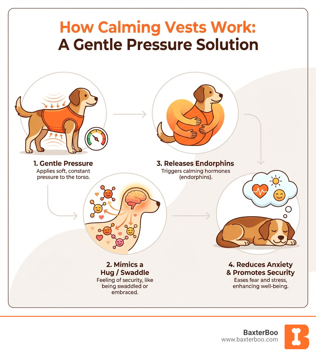 Infographic explaining how calming vests for dogs work by applying gentle, constant pressure to a dog's torso, mimicking a hug or swaddle, to release endorphins and reduce anxiety. - calming vest for dogs infographic Infographic explaining how calming vests for dogs work by applying gentle, constant pressure to a dog's torso, mimicking a hug or swaddle, to release endorphins and reduce anxiety. - calming vest for dogs infographic