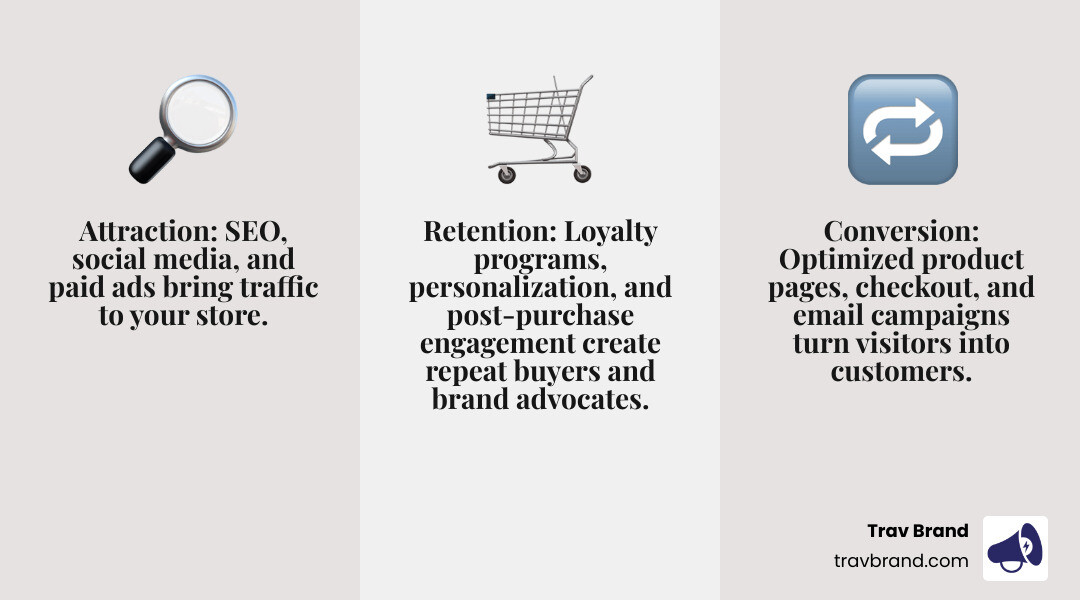 Infographic showing the e-commerce marketing funnel with three main stages: Attraction (SEO, social media, paid ads bringing traffic), Conversion (optimized product pages, checkout, email campaigns turning visitors into customers), and Retention (loyalty programs, personalization, post-purchase engagement creating repeat buyers and brand advocates), with arrows showing how customers move through each stage - Online store marketing strategy infographic 3_facts_emoji_grey