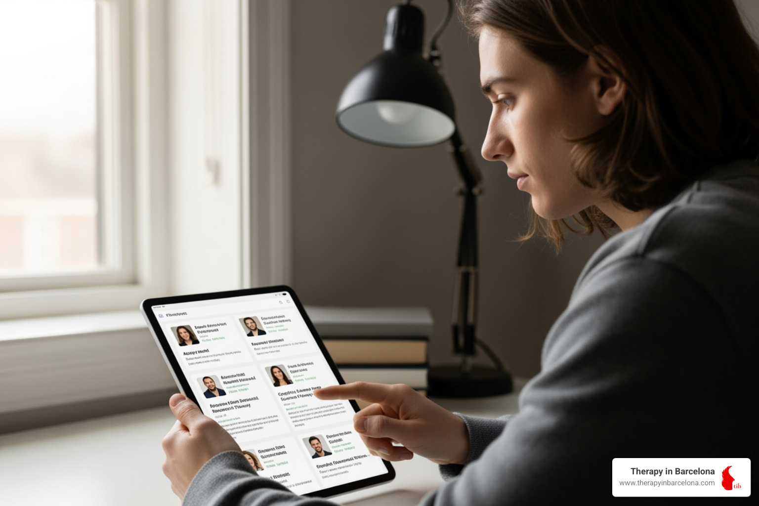 A student browsing therapist profiles on a tablet - online therapy for students