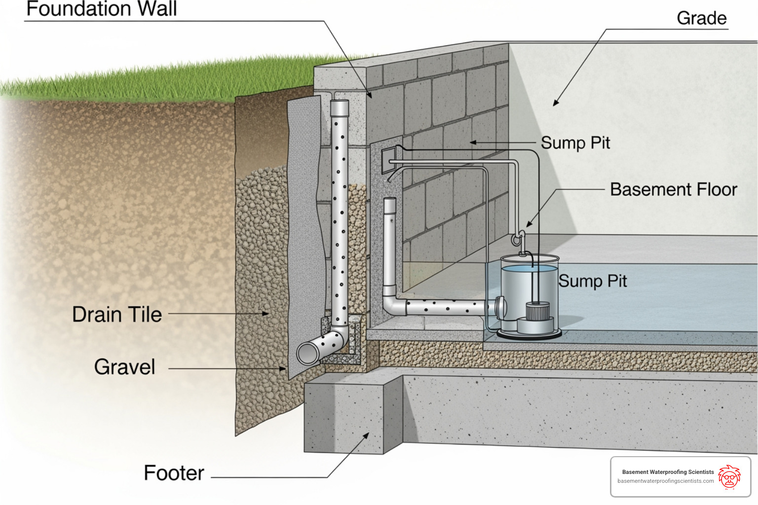 Illustration showing a cross-section of a foundation with drain tile placed beside the footer, detailing the gravel, filter fabric, and connection to a sump pit - foundation drain tile