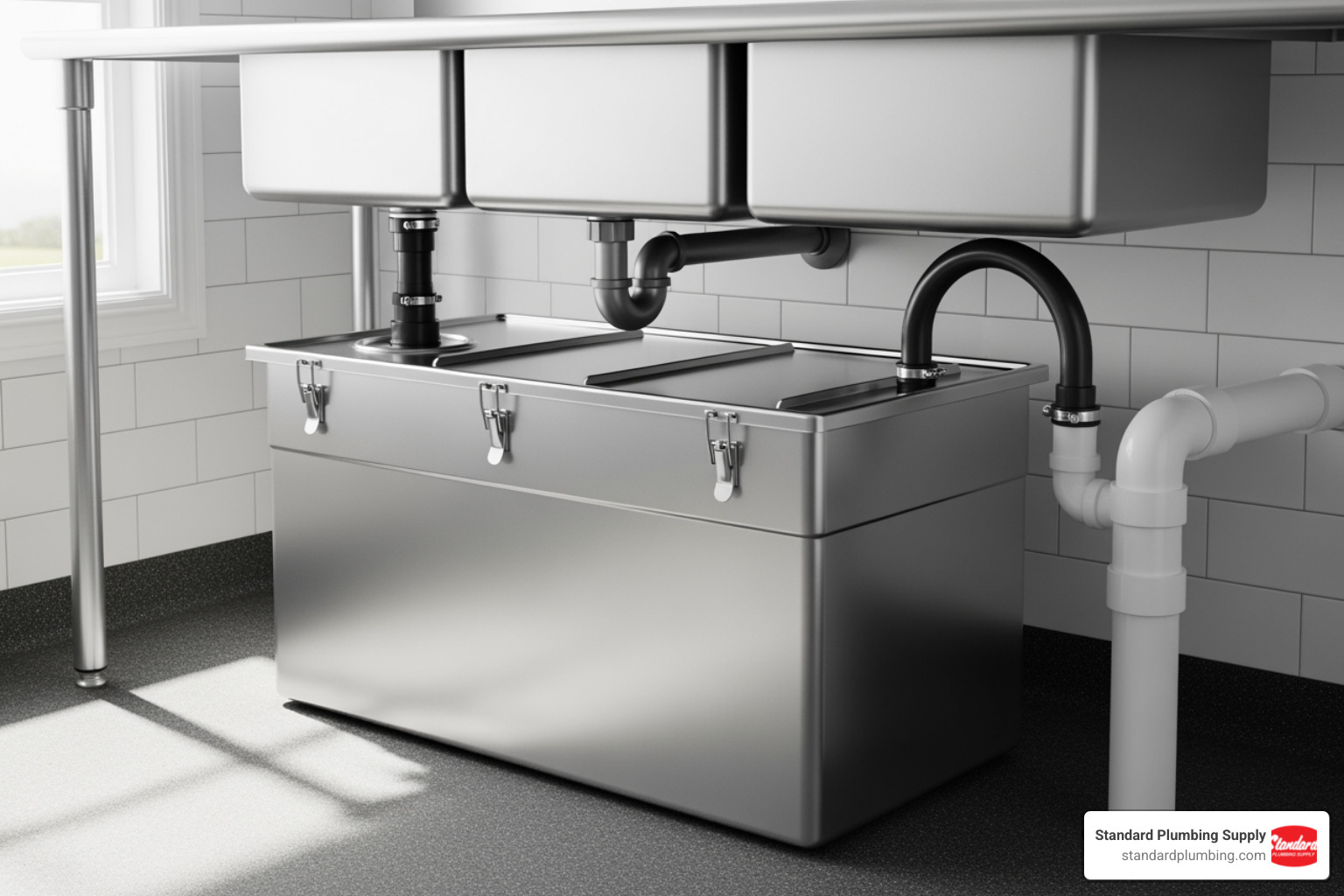 grease trap installed under a commercial sink - restaurant plumbing supplies