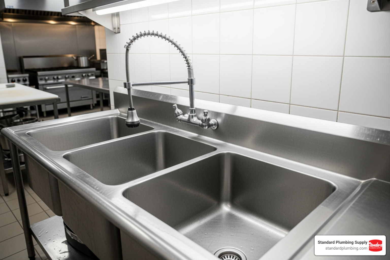 stainless steel three-compartment sink in a restaurant - restaurant plumbing supplies