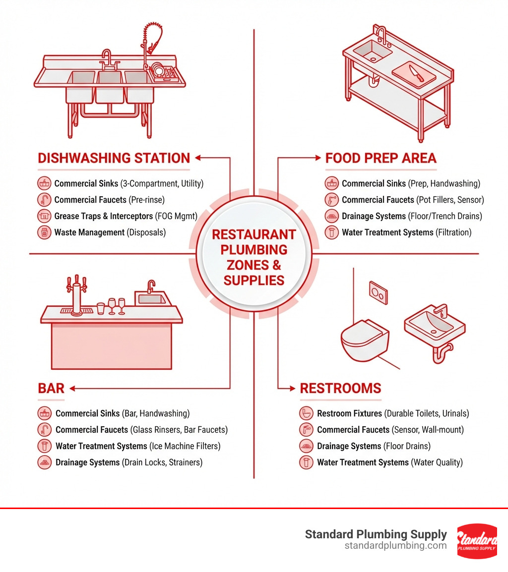 Infographic showing key plumbing zones in a restaurant: dishwashing station, food prep area, bar, and restrooms, along with essential supplies for each. - restaurant plumbing supplies infographic 